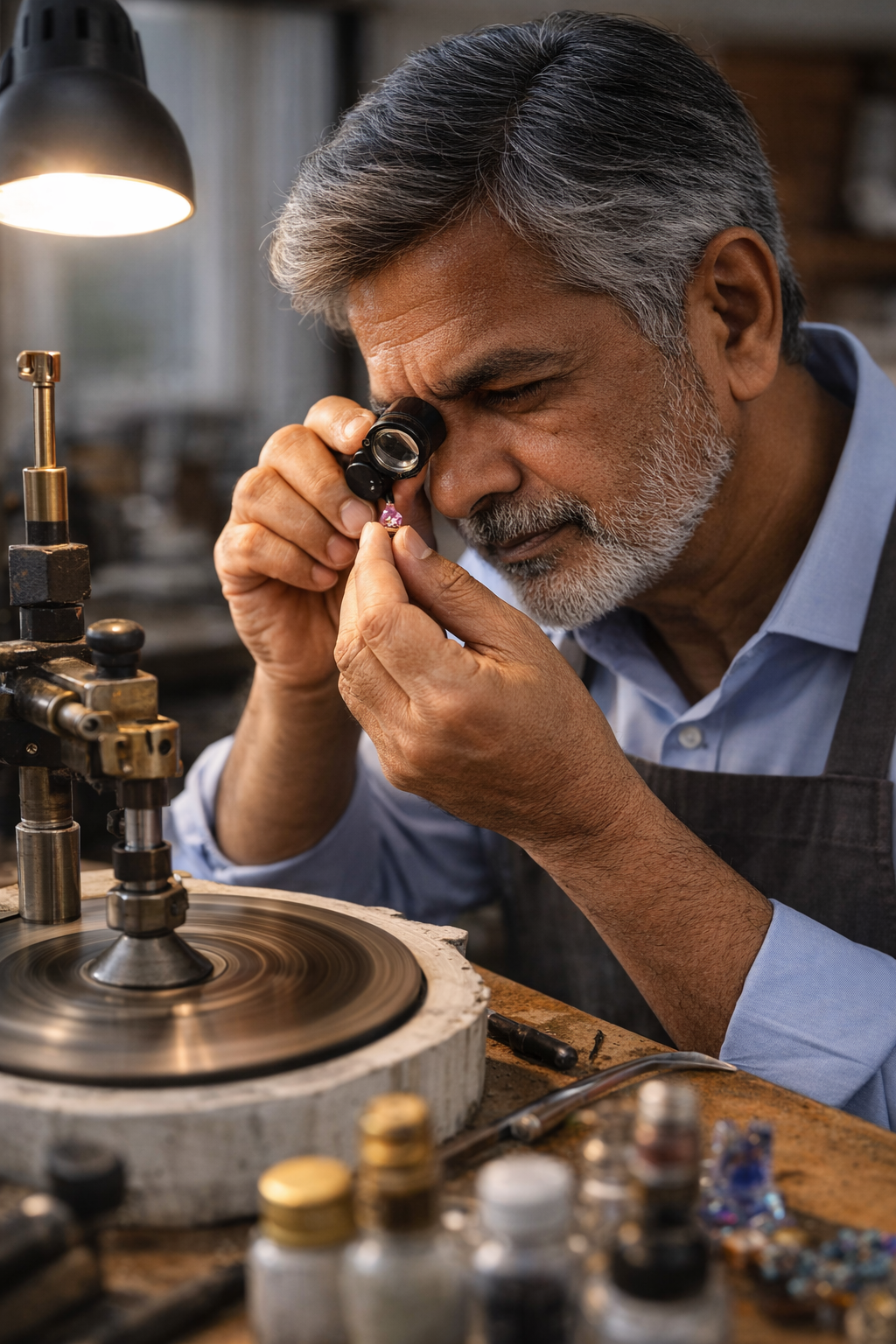 Master gemstone cutter examining rough sapphire